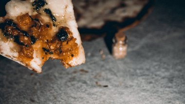 Gri arka planda bir dilim baharatlı pizza..