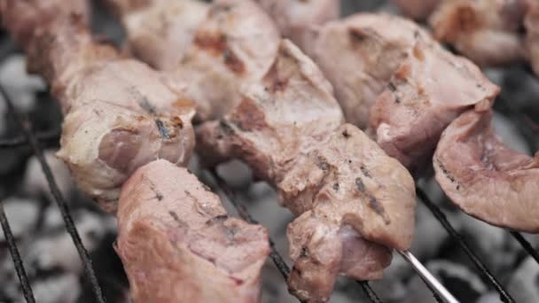 Delizioso arrosto di maiale all'interno del barbecue. Il grasso fuoriesce e cade nel fuoco, vicino ai pezzi — Video Stock