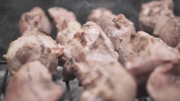 Готовить мясо на барбекю. Мясо готовится в горячем воздухе, вид крупным планом — стоковое видео