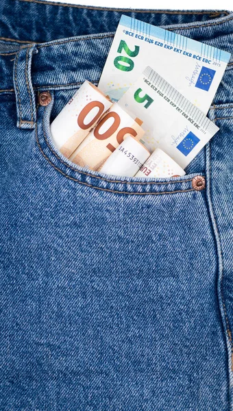 Euro Valuta Soldi Tasca Jeans Pronti Viaggio Shopping — Foto Stock