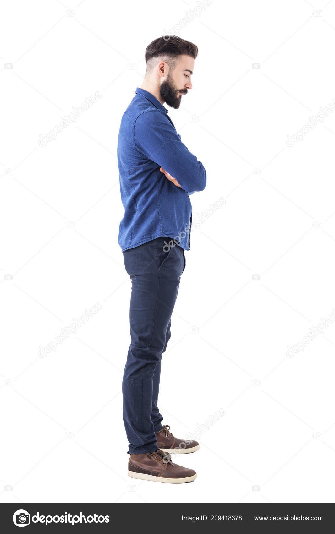 Profile View Sad Man Bent Head Crossed Arms Looking Full Stock