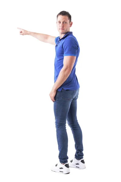 Back View Young Adult Casual Man Turning Looking Camera Showing — Stock Photo, Image