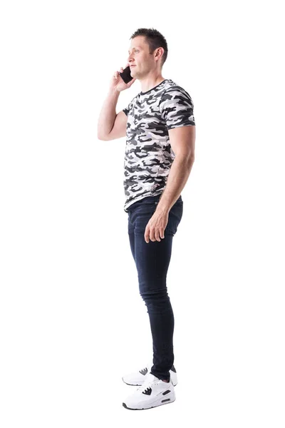 Side View Confident Adult Man Camo Shirt Talking Mobile Phone — Stock Photo, Image