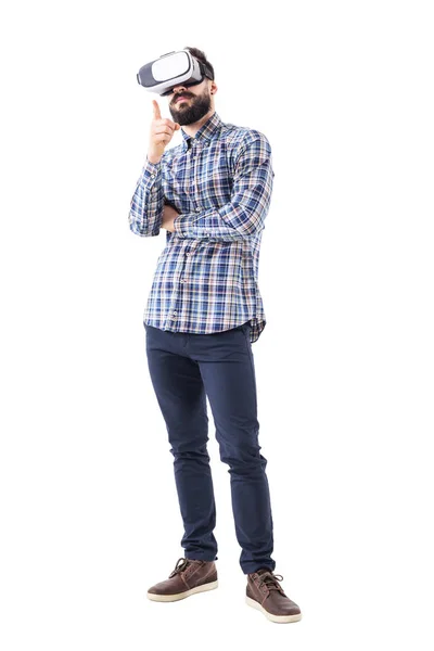 Young Bearded Adult Business Man Glasses Pointing Finger Virtual Reality — Stock Photo, Image