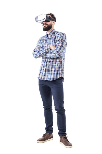 Bearded Adult Business Man Watching Virtual Reality Glasses Crossed Arms — Stock Photo, Image