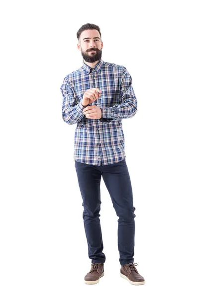 Confident Smiling Bearded Business Man Getting Dressed Buttoning Sleeve Looking — Stock Photo, Image