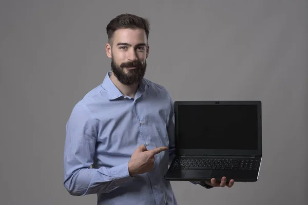 Moody Portrait Smiling Happy Young Adult Business Man Holding Laptop — Stock Photo, Image