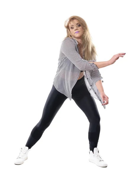 Mujer Rubia Apasionada Activa Bailando Danza Jazz Camisa Desabotonada Rayas — Foto de Stock