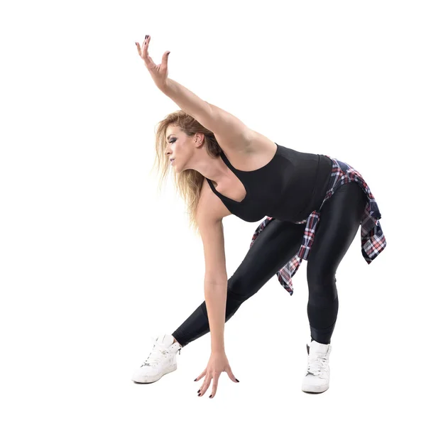 Mulher Suada Instrutora Aeróbica Dançando Dança Jazz Postura Flexão Retrato — Fotografia de Stock
