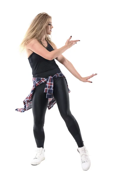 Προφίλ Άποψη Σύγχρονη Γυναίκα Χορεύτρια Απόδοση Κίνησης Χορεύοντας Αερόμπικ Χορού — Φωτογραφία Αρχείου