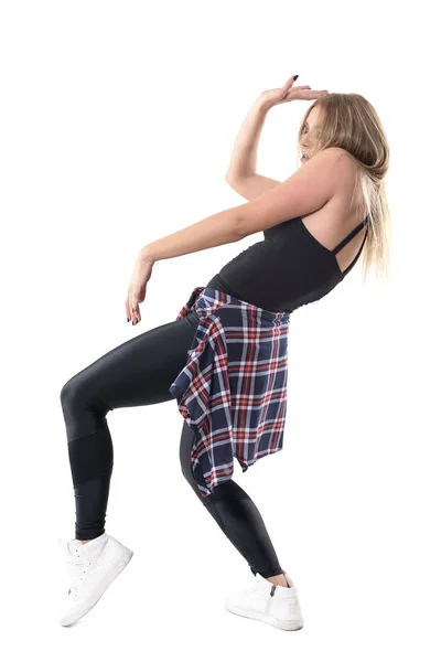 停止运动的激情年轻精力充沛的女子跳舞爵士舞锻炼健美操 在白色背景上隔离的全身长度肖像 — 图库照片