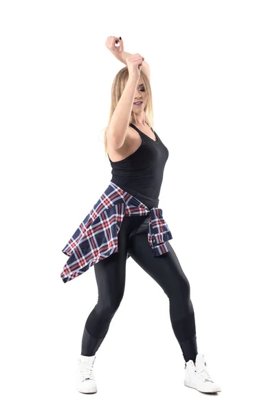 Dance Hall Jazz Dance Woman Dancing Arms Checked Shirt Tied — Stock Photo, Image