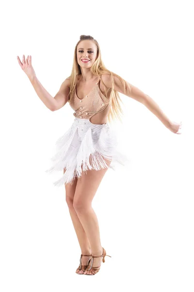 Sonriendo Feliz Profesional Mujer Caucásica Bailando Bailes Latinos Retrato Cuerpo — Foto de Stock