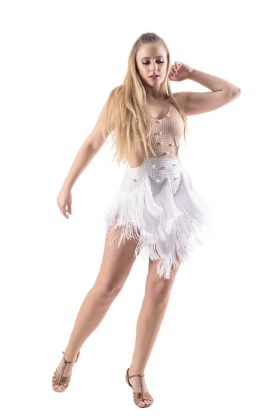 Elegante Mujer Femenina Elegante Bailando Bailes Latinos Vestido Mirando Hacia — Foto de Stock