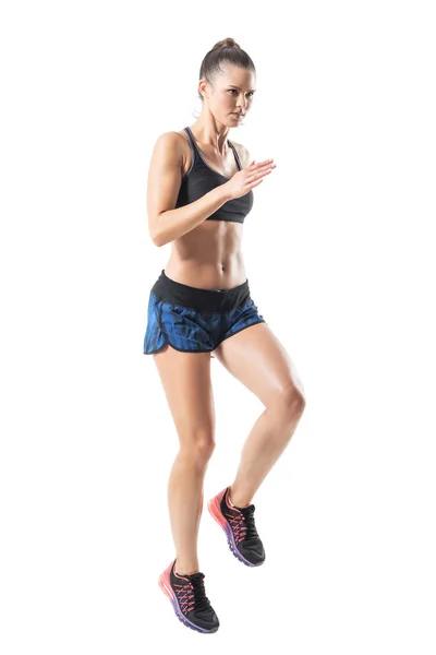Difícil Determinado Atleta Feminino Jogging Olhando Para Frente Metade Perfil — Fotografia de Stock