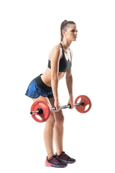 Posição Estendida Cheia Atleta Feminino Fazendo Exercício Deadlift Com Perfil — Fotografia de Stock