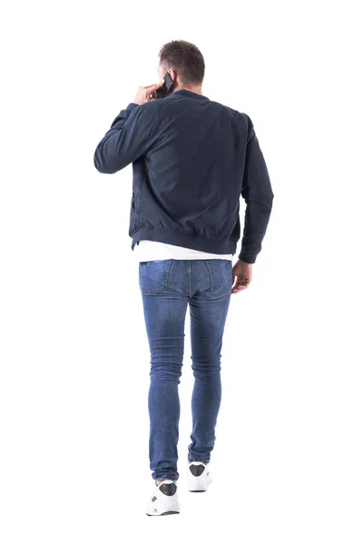 Back View Busy Adult Man Bomber Jacket Walking Talking Cellphone — Stock Photo, Image