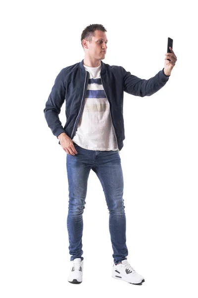 Confident Modern Handsome Man Taking Self Portrait Smart Phone Full — Stock Photo, Image