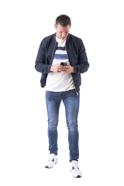 Front View Young Adult Casual Man Using Looking Mobile Phone — Stock Photo, Image