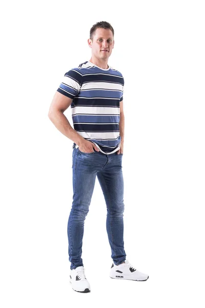 Happy Successful Young Adult Man Hands Jeans Pockets Smiling Looking — Stock Photo, Image