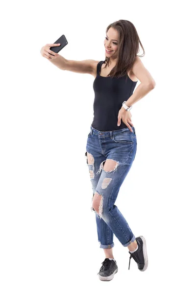 Glücklich Lächelnd Perfekte Brünette Schönheit Frau Posiert Und Selfie Mit — Stockfoto