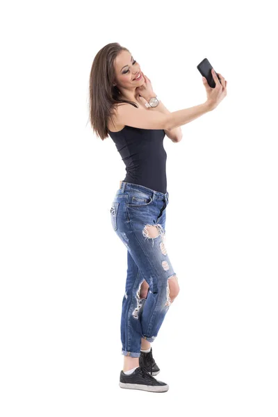 Charmante Liebevolle Schöne Frau Die Verliebt Selfie Fotos Mit Dem — Stockfoto