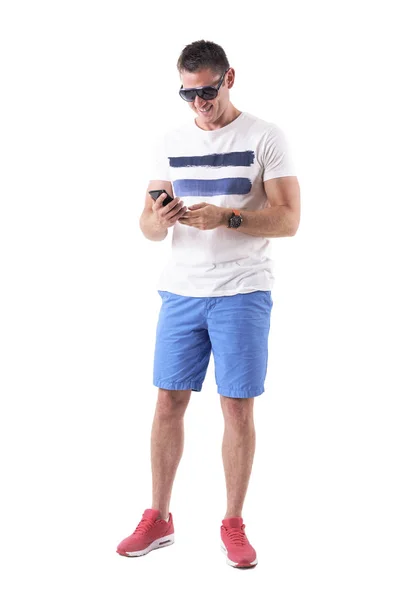 Smiling Relaxed Happy Man Using Mobile Phone Summer Clothes Full — Stock Photo, Image