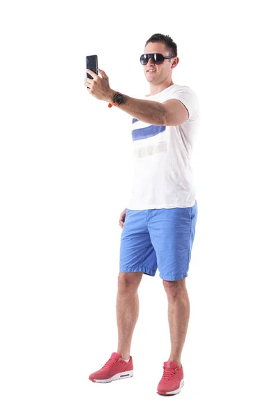 Handsome Attractive Young Man Summer Clothes Photographing Selfie Full Body — Stock Photo, Image