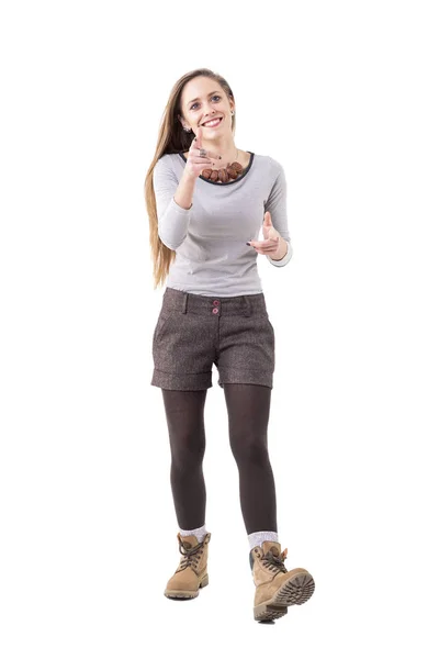 Candid Stylish Beautiful Hipster Girl Smiling Pointing Finger Camera Full — Stock Photo, Image