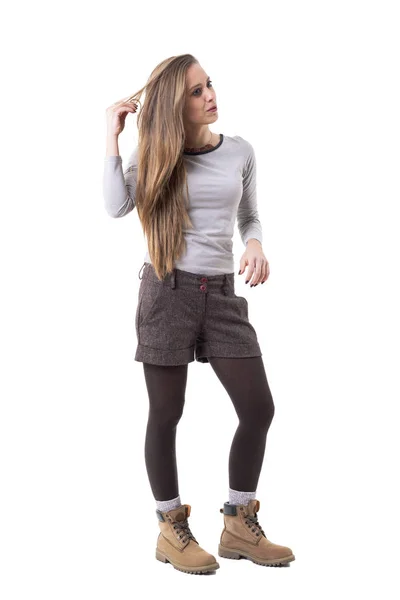 Relaxed Candid Unposed Stylish Hipster Girl Holding Hair Looking Away — Stock Photo, Image