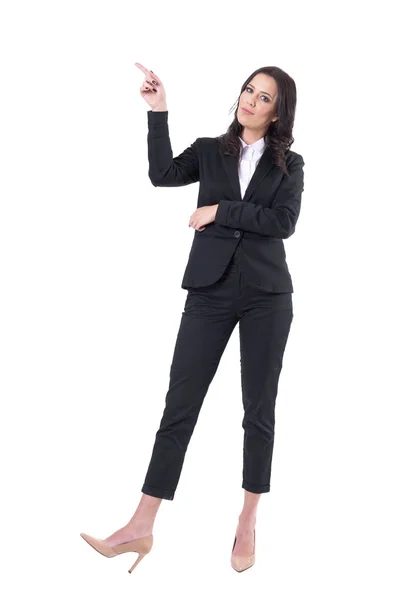 Mujer Negocios Confiada Que Presenta Con Dedo Hacia Arriba Espacio — Foto de Stock