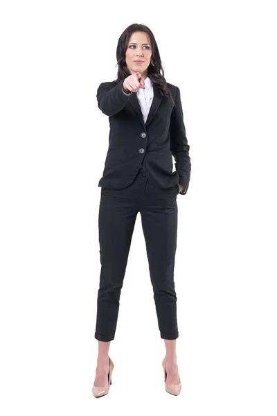 Distracted Formal Business Woman Pointing Finger Camera Looking Away Full Royalty Free Stock Photos