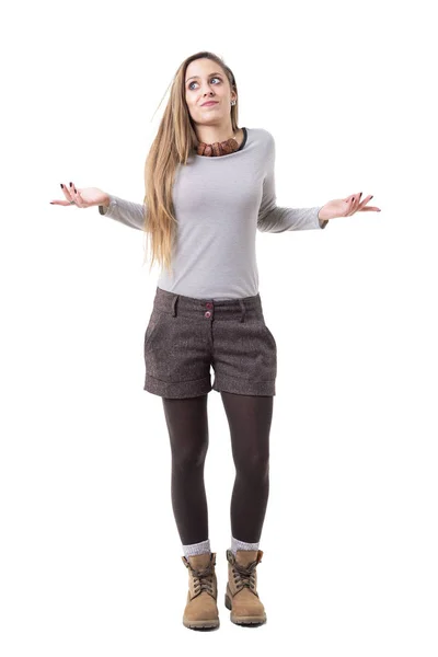 Confused Young Cute Long Hair Blonde Shrugging Shoulders Looking Full — Stock Photo, Image