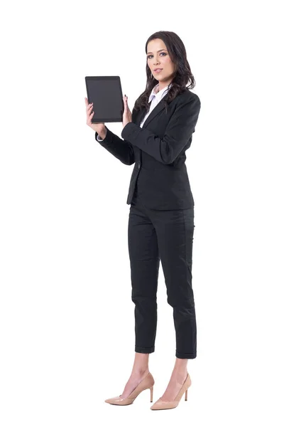 Confident Successful Business Woman Holding Showing Black Tablet Screen Copy — Stock Photo, Image