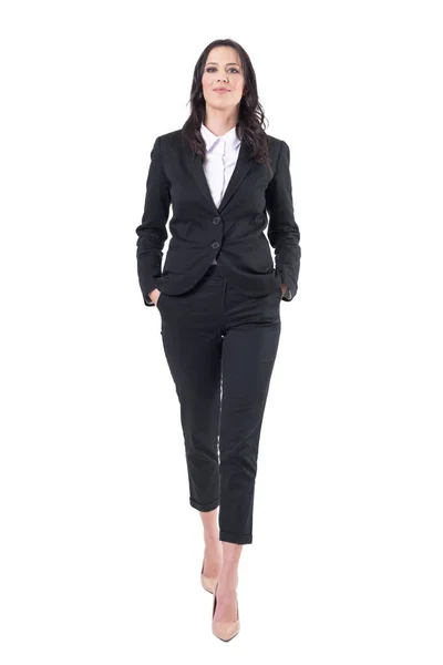 Confident Successful Business Woman Walking Camera Hands Pockets Full Body — Stock Photo, Image