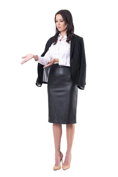 Serious Female Teacher Business Woman Showing Open Palms Full Body — Stock Photo, Image