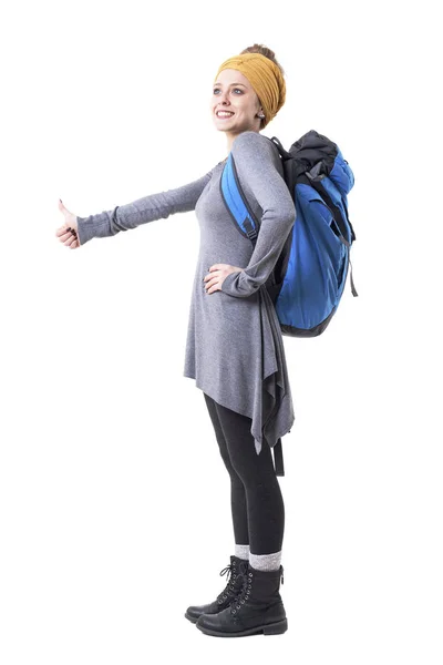 Happy Excited Young Woman Backpack Hitchhiking Thumb Smiling Looking Away — Stock Photo, Image