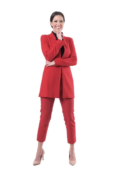 Enthousiaste Femme Affaires Excitée Costume Rouge Riant Levant Les Yeux — Photo