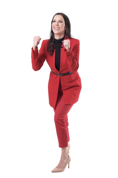 Cheerful Excited Business Woman Celebrating Success Clenched Fists Full Body Royalty Free Stock Images