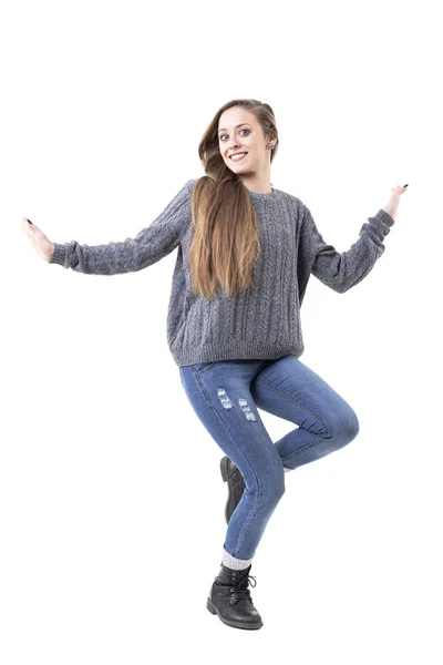 Cute Young Playful Happy Woman Dancing Casual Warm Winter Clothes — Stock Photo, Image