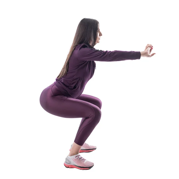 Squats Eğitim Glutes Yapıyor Eşofman Aktif Fit Kadın Yan Görünümü — Stok fotoğraf