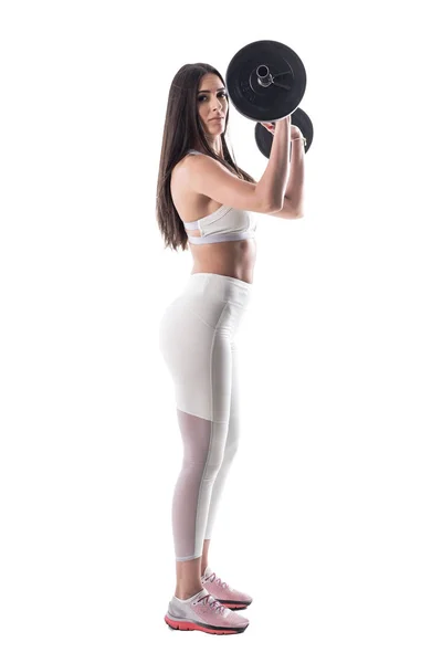Mulher Fitness Atraente Jovem Fazendo Exercícios Ombro Com Barra Vista — Fotografia de Stock