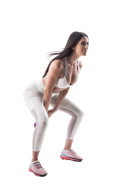 Dynamic Action Shot Fitness Gym Young Woman Crouching Swinging Kettlebell — Fotografia de Stock