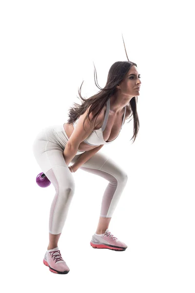 Sidovy Action Foto Gym Fit Kvinna Gör Intensiva Kettlebell Övningar — Stockfoto