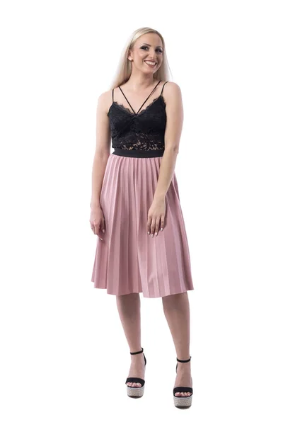 Joyful Smiling Young Blonde Woman Fashion Model Long Pleated Skirt — Stock Photo, Image