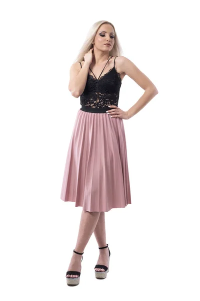 Blonde Beauty Woman Fashion Model Skirt Lace Top Posing Hand — Stock Photo, Image