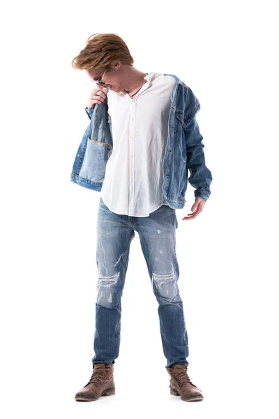 Happy Smiling Man Shopper Trying Denim Jacket Removing Clothes Full — Stock Photo, Image