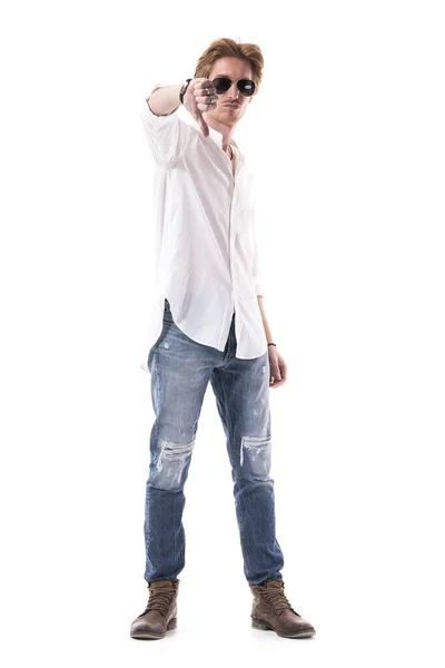 Serious Dissatisfied Young Stylish Handsome Man Showing Thumb Gesture Camera — Stock Photo, Image