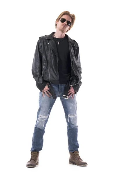 Confident Serious Rocker Motorcyclist Thumbs Pockets Wearing Sunglasses Full Body Royalty Free Stock Photos