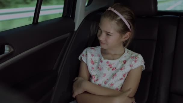 Cheerful girl riding in the back seat of the car — Stock Video